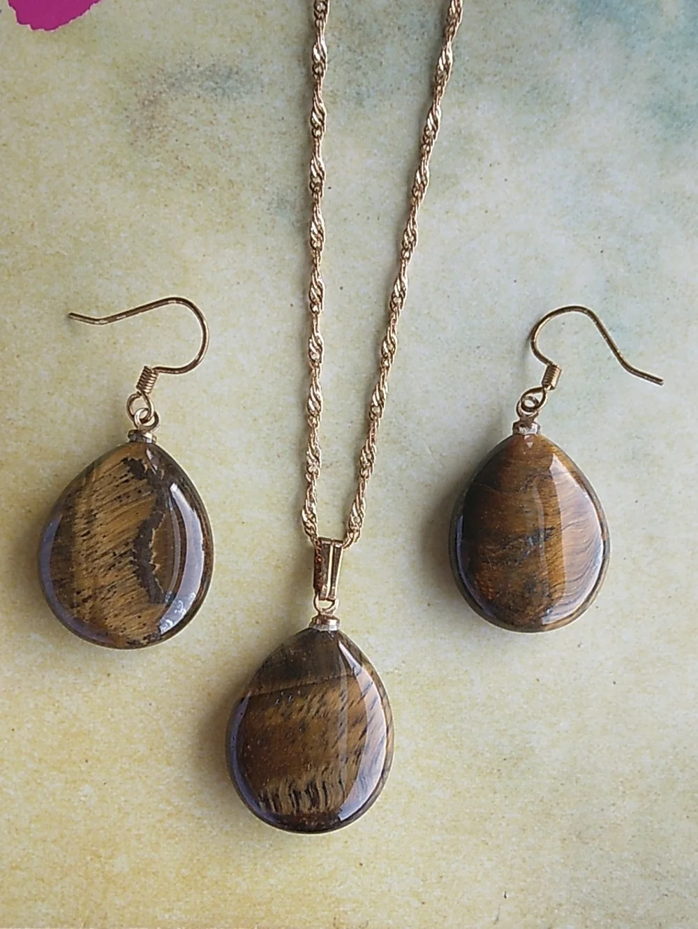 Gold-Tone Tiger Eye Teardrop Necklace & Earrings Set